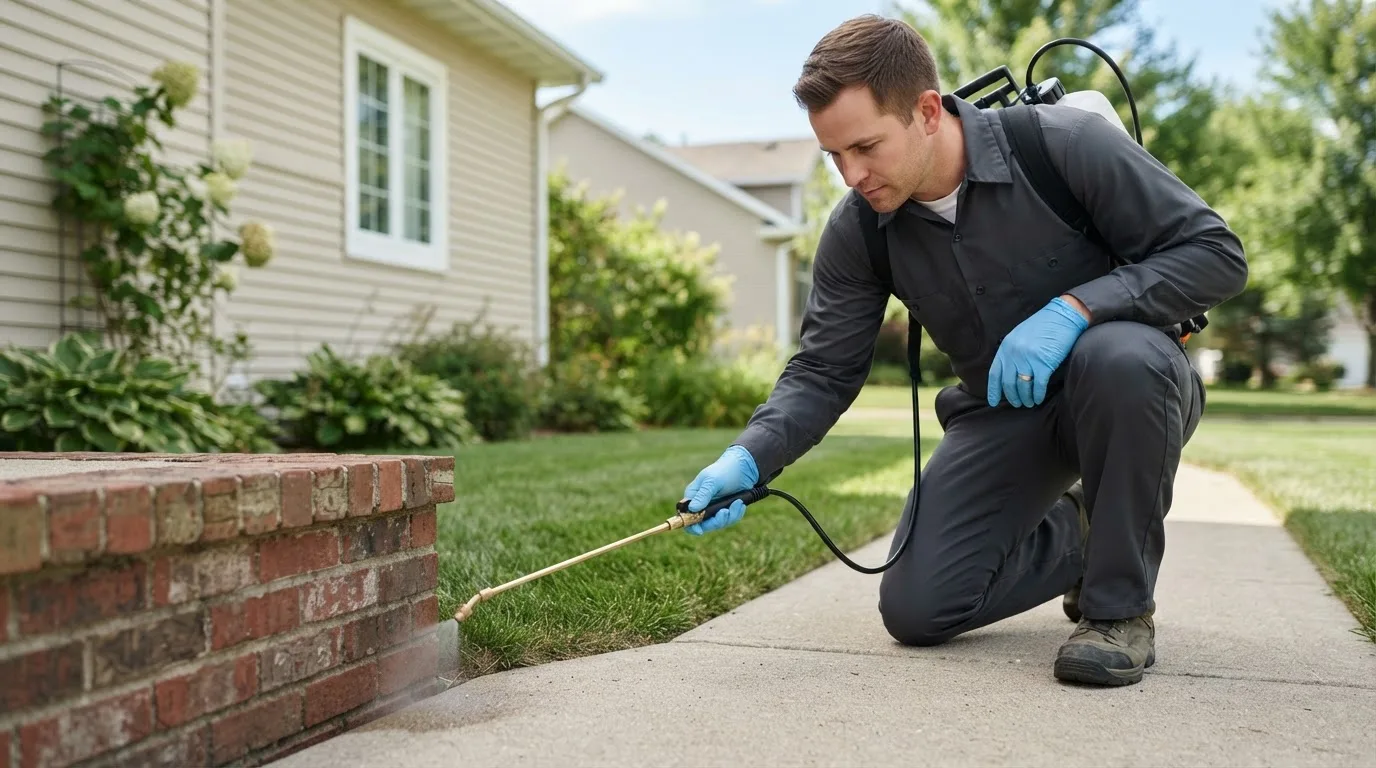 Pest control technician treating a home near Lindsay, OK