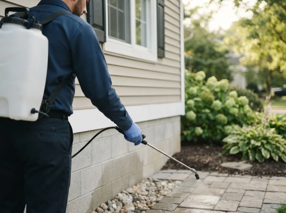 Pest control technician inspecting a home in Lindsay, OK